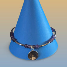 Load image into Gallery viewer, Amethyst Bead Bracelet With Sterling Silver Floral Charm & Metal Accents Vintage