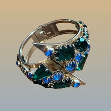 Load image into Gallery viewer, Gold Tone Hinged Bangle Green Blue Rhinestone Art Deco Statement Bracelet Vintage