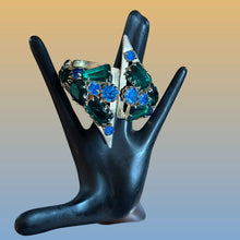 Load image into Gallery viewer, Gold Tone Hinged Bangle Green Blue Rhinestone Art Deco Statement Bracelet Vintage