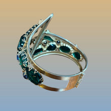 Load image into Gallery viewer, Gold Tone Hinged Bangle Green Blue Rhinestone Art Deco Statement Bracelet Vintage