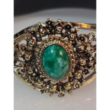 Load image into Gallery viewer, Gold Tone Filigree Cuff Bracelet Green Cabochon Statement Hinged Vintage