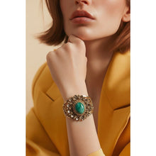 Load image into Gallery viewer, Gold Tone Filigree Cuff Bracelet Green Cabochon Statement Hinged Vintage