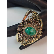 Load image into Gallery viewer, Gold Tone Filigree Cuff Bracelet Green Cabochon Statement Hinged Vintage