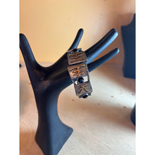 Load image into Gallery viewer, Silver Tone Gold Symbol Black Gemstone Adjustable Statement Bracelet Vintage