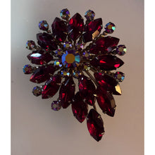 Load image into Gallery viewer, Red Rhinestone Flower Brooch Crystal Statement Gold-Tone Base Jewelry Vintage