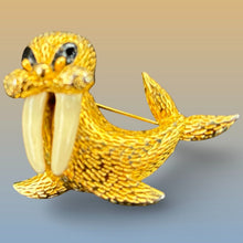 Load image into Gallery viewer, Jomaz ? Gold Tone Walrus Brooch Faux Tusks Black Enamel Figural Pin Vintage Gift