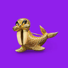 Load image into Gallery viewer, Jomaz ? Gold Tone Walrus Brooch Faux Tusks Black Enamel Figural Pin Vintage Gift