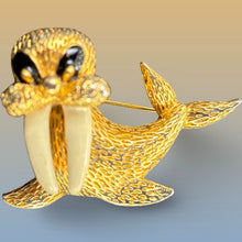 Load image into Gallery viewer, Jomaz ? Gold Tone Walrus Brooch Faux Tusks Black Enamel Figural Pin Vintage Gift