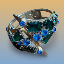 Load image into Gallery viewer, Gold Tone Hinged Bangle Green Blue Rhinestone Art Deco Statement Bracelet Vintage
