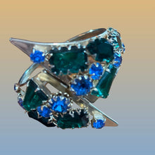 Load image into Gallery viewer, Gold Tone Hinged Bangle Green Blue Rhinestone Art Deco Statement Bracelet Vintage
