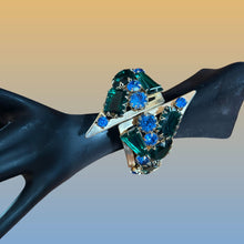 Load image into Gallery viewer, Gold Tone Hinged Bangle Green Blue Rhinestone Art Deco Statement Bracelet Vintage
