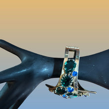 Load image into Gallery viewer, Gold Tone Hinged Bangle Green Blue Rhinestone Art Deco Statement Bracelet Vintage

