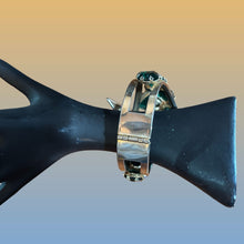 Load image into Gallery viewer, Gold Tone Hinged Bangle Green Blue Rhinestone Art Deco Statement Bracelet Vintage
