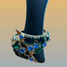 Load image into Gallery viewer, Gold Tone Hinged Bangle Green Blue Rhinestone Art Deco Statement Bracelet Vintage
