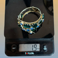 Load image into Gallery viewer, Gold Tone Hinged Bangle Green Blue Rhinestone Art Deco Statement Bracelet Vintage
