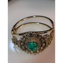Load image into Gallery viewer, Gold Tone Filigree Cuff Bracelet Green Cabochon Statement Hinged Vintage
