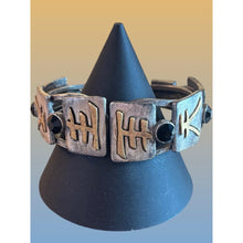 Load image into Gallery viewer, Silver Tone Gold Symbol Black Gemstone Adjustable Statement Bracelet Vintage
