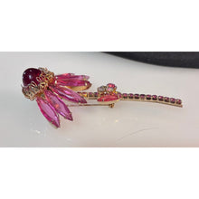 Load image into Gallery viewer, Gorgeous Pink Pedal Flower with Aurora Borealis Rhinestone and Red Center Brooch
