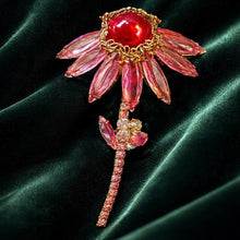 Load image into Gallery viewer, Gorgeous Pink Pedal Flower with Aurora Borealis Rhinestone and Red Center Brooch
