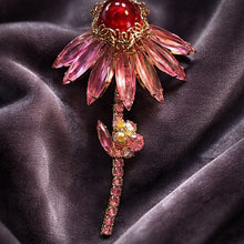 Load image into Gallery viewer, Gorgeous Pink Pedal Flower with Aurora Borealis Rhinestone and Red Center Brooch
