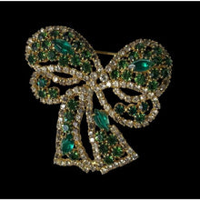 Load image into Gallery viewer, Kenneth Lane Green and Clear Rhinestone Bow Ribbon Brooch

