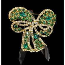 Load image into Gallery viewer, Kenneth Lane Green and Clear Rhinestone Bow Ribbon Brooch
