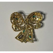 Load image into Gallery viewer, Kenneth Lane Green and Clear Rhinestone Bow Ribbon Brooch
