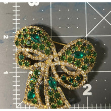 Load image into Gallery viewer, Kenneth Lane Green and Clear Rhinestone Bow Ribbon Brooch
