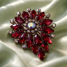 Load image into Gallery viewer, Red Rhinestone Flower Brooch Crystal Statement Gold-Tone Base Jewelry Vintage
