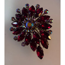 Load image into Gallery viewer, Red Rhinestone Flower Brooch Crystal Statement Gold-Tone Base Jewelry Vintage
