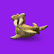 Load image into Gallery viewer, Jomaz ? Gold Tone Walrus Brooch Faux Tusks Black Enamel Figural Pin Vintage Gift
